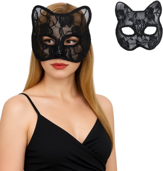 Joya Kids® Kattenmasker Halloween | Zwart Kant Masker Kat | Cat Accessoire | Cat Mask Woman | Katten Masker Carnaval | Volwassenen | Cosplay