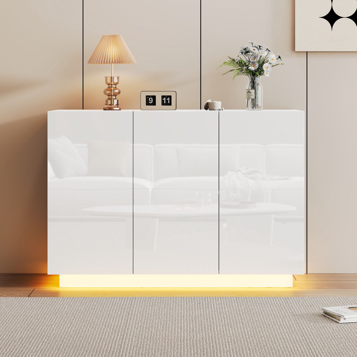 Pugsdrly Eetkamerkast hoogglans open en gesloten, witte dressoir, sokkel LED-verlichting, commode halmeubel 120*40*75CM