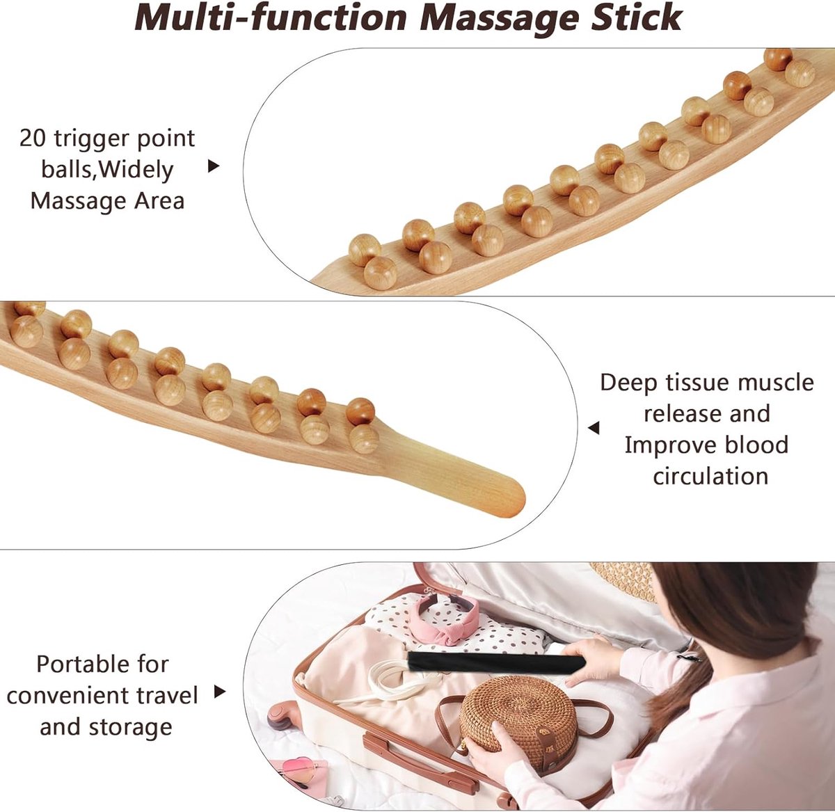 RugMassage - Massage Apparaat - Rug/Nek/Schouder/Buik/Taille/Armen/Benen - Massage Stok Hout - Houten Massage Stok - Massage Stok Hout XL - 20 Massage Ballen - Gua Sha Massage Tool - 1 Stuk - Bruin Hout - Gua Sha Massage Stick thumbnail 4