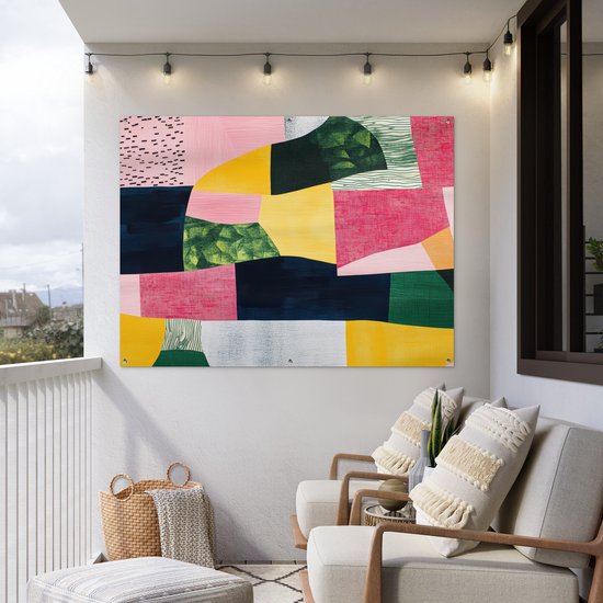 Affiche de jardin 160x120 cm - Décoration de jardin Abstrait - Rose - Patchs - Formes - Jaune - Affiche pour le jardin - Décoration extérieure - Tableau de jardin clôture - Décoration murale en tissu de jardin - Décoration murale en tissu de balcon