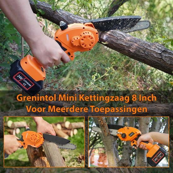 Grenintol Mini Kettingzaag - Kettingzaag - Draadloze Kettingzaag - Handkettingzaag - Snoeizaag - Takkenzaag - Elektrisch Kettingzaag Met 6000mAh/24V & Automatische Smering - Brushless Motor, 2 Kettingen + Opbergkoffer - Voor Snoeien, Houtbewerking van Grenintol — afbeelding 4