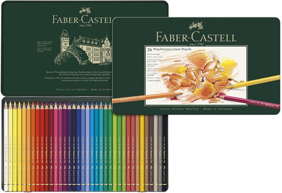 Faber-Castell Polychromos 36 kleurpotloden in groen blik met paardenillustratie.