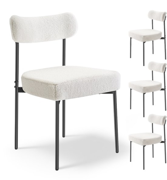 Chaise de salle à manger moderne (Set de 4) Chaise rembourrée Sherpa (capacité de charge de 136 kg) pour Tables à manger, chaise de cuisine compacte avec dossier ergonomique et Pieds robustes en métal noir, cafétéria Wit