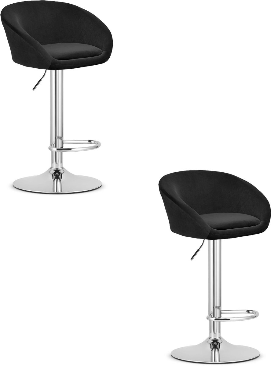 LEOBERT Set van 2 Barkrukken EAST – Velvet Zwart - Chromen Basis - Rugleuning, Verstelbare Hoogte, 360° Draaibaar, Comfortabele Voetsteun, Modern Design, Max. 110 kg zwart / chromen
