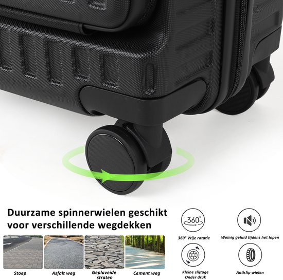 Zwarte koffer met 360 graden draaibare spinner wielen.