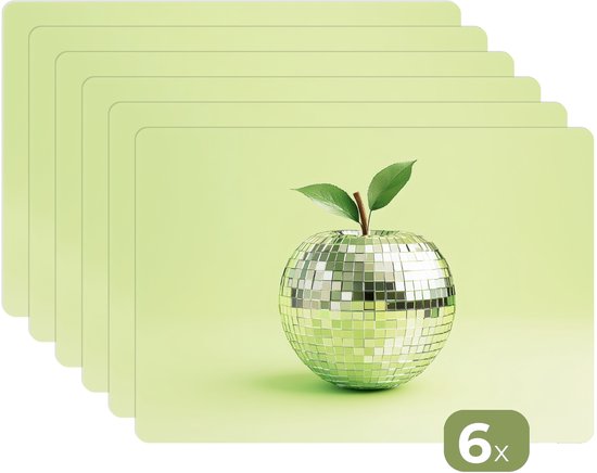 Six sets de table verts avec une pomme disco.