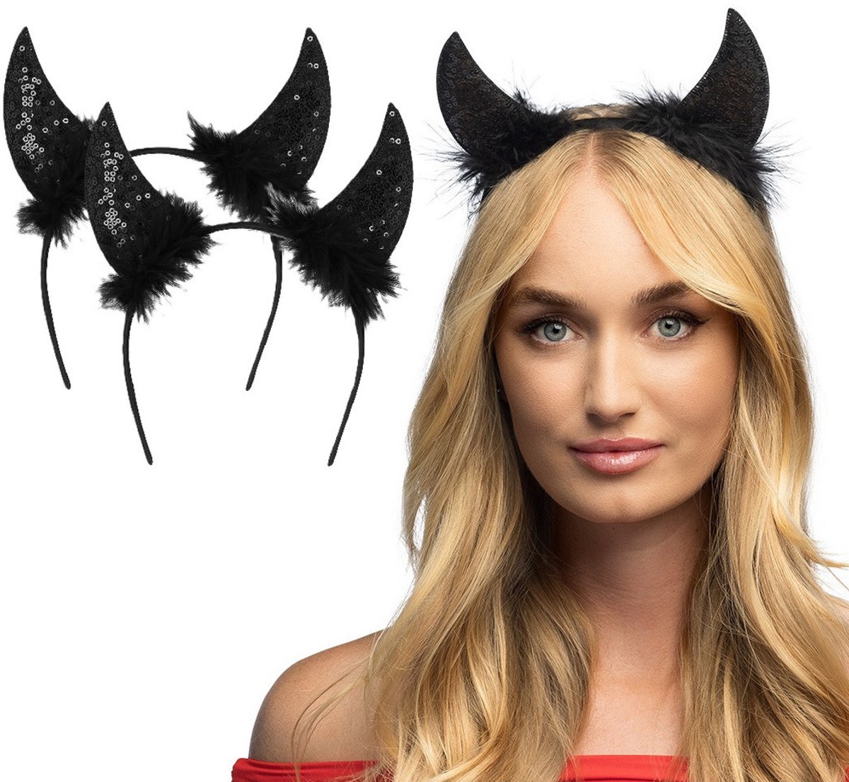 Boland Duivel hoorntjes - 4x - zwart - kunststof - Halloween thema - dames - diadeem - tiara - met pailletten hoorns