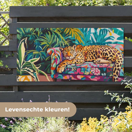 Affiche de jardin 160x80 cm - Décoration de jardin Léopard - Coloré - Tropical - Affiche pour le jardin - Décoration extérieure - Tableau de jardin clôture - Décoration murale sur toile de jardin - Décoration murale sur toile de balcon