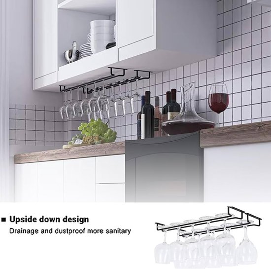 Zoohot Zwarte Wijn Glazen Rek, Onder Kast Metalen Wijnglas Houder, Draad Ophanging 2 Pack