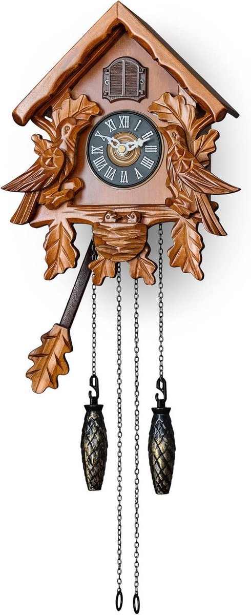Koekoeksklok met nachtmodus, zingende vogel en handgemaakte houten decoraties