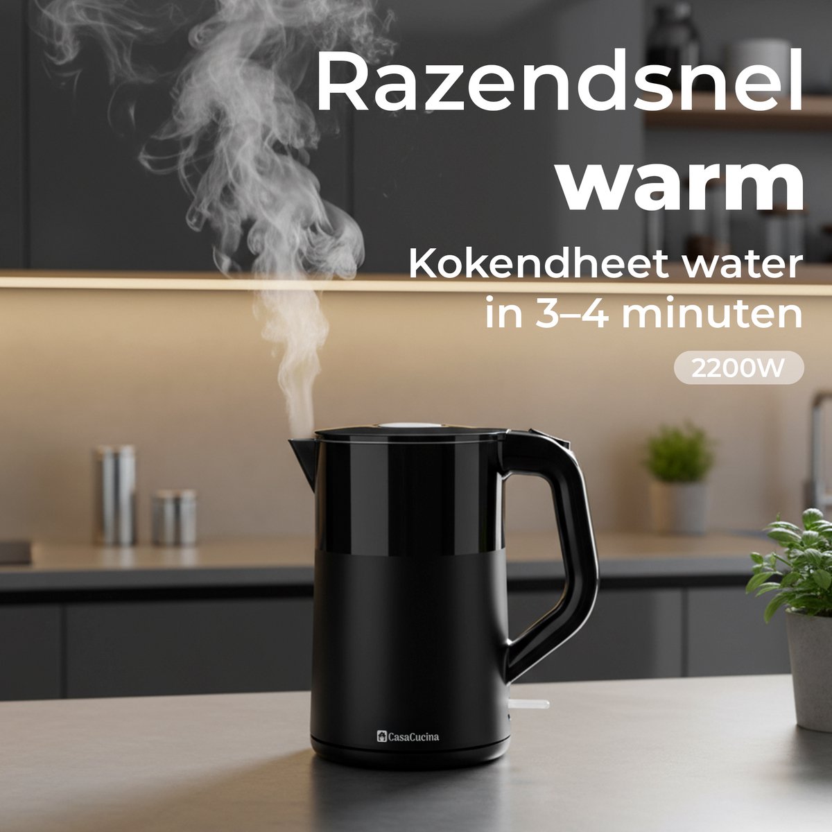CasaCucina Waterkoker Dubbelwandig - 2200W - Elektrisch - 1.7L - Retro - Met LED - RVS - Cool-touch - Zwart — afbeelding 3