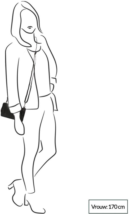 Schets van een staande vrouw van 170 cm met een zwarte tas.