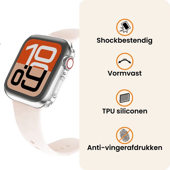 Transparante Apple Watch case met beige band. Iconen voor schokbestendig, vormvast, TPU siliconen, anti-vingerafdrukken.
