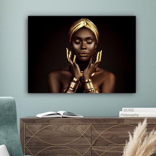 Canvas Schilderij 80x60 cm - Vrouw - Abstract - Goud - Portret - Wanddecoratie slaapkamer - Muurdecoratie woonkamer - Kamer decoratie - Wanddoek interieur binnen - Vrouwen schilderijen