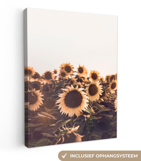 Canvas schilderij 120x160 cm - Wanddecoratie Zonnebloemen - Veld - Zonsondergang - Bloemen - Geel - Muurdecoratie woonkamer - Slaapkamer decoratie - Kamer accessoires - Schilderijen op canvas