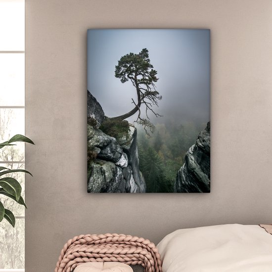 Peinture sur toile - Falaise - Arbres - Vert - Brouillard - Photo sur toile - Canvasdoek - 90x120 cm - Toile nature