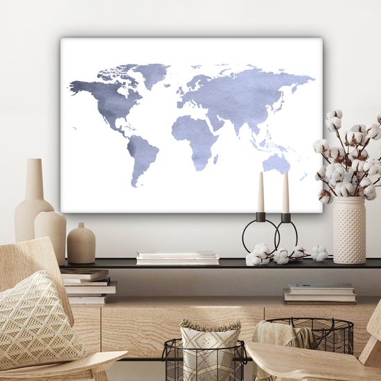 Wereldkaart avec des couleurs bleu violet et un motif texturé sur fond blanc 60x40 cm