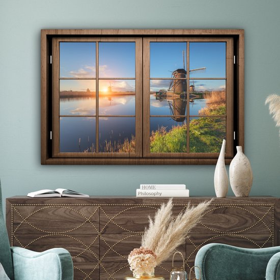 Canvas schilderij 120x80 cm - Wanddecoratie Doorkijk - Molen - Zonsondergang - Muurdecoratie woonkamer - Slaapkamer decoratie - Kamer accessoires - Schilderijen op canvas