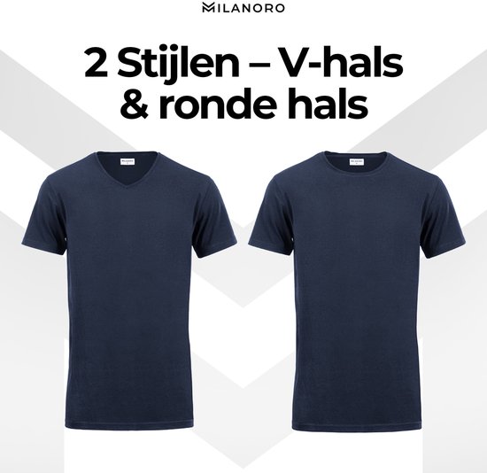 Milanoro - Lot de 4 T-shirts extra-longs en coton - Bleu marine - Col V- M