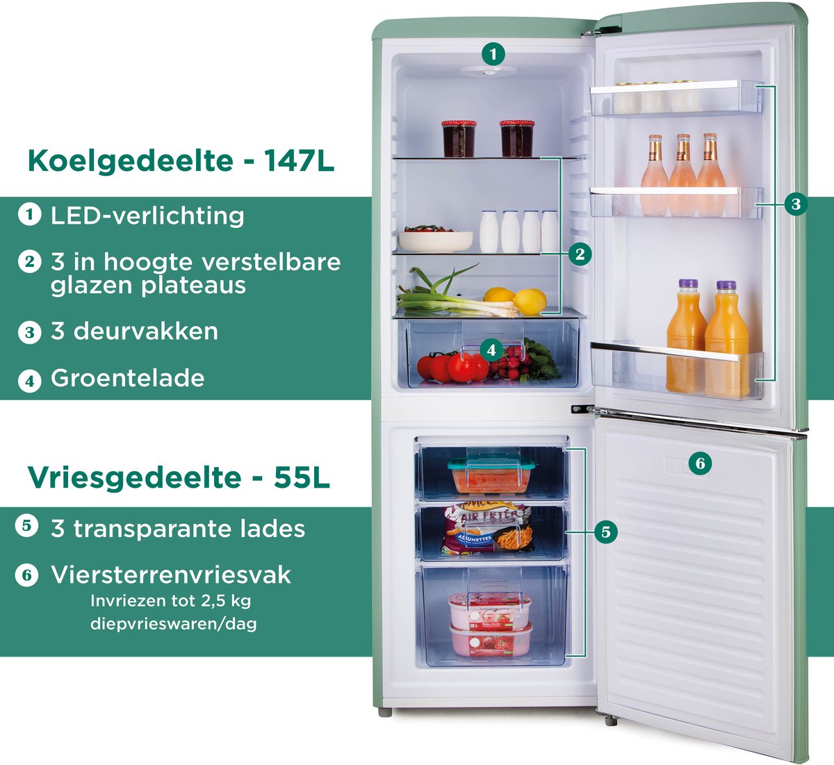 PR196RKMG Retro Koelkast - 202L - D - Koelvriescombinatie - Vrijstaand - Mat Groen – foto 6