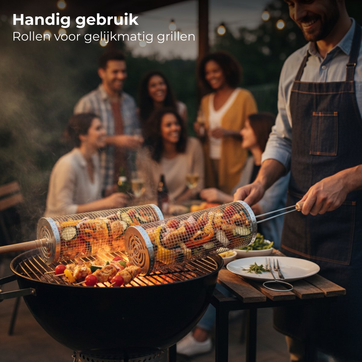 Lomera Rollende BBQ Grillmand - Roestvrij Staal - Set Van 2 - Houten Handvat - Grillaccessoires - Voor Vlees en Vis - Groentemand - Barbecue Accessoires - Gelijkmatige Verhitting - 30 CM - Veilig Te Gebruiken - Vuurkorf Geschikt