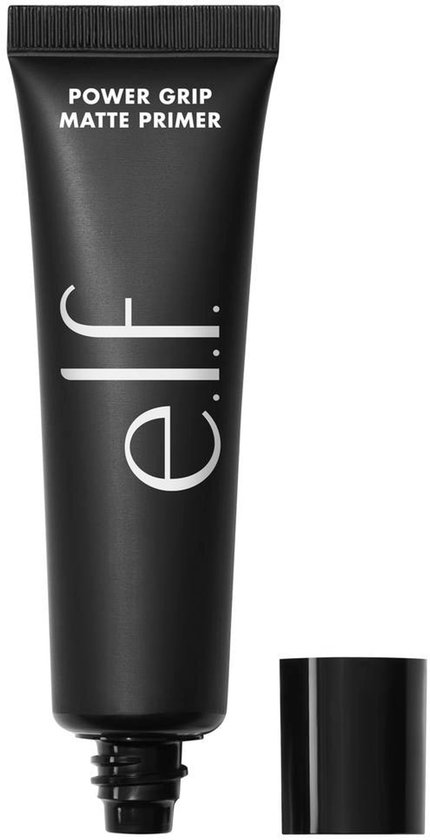 Zwarte e.l.f. Power Grip Matte Primer tube met dop ernaast.