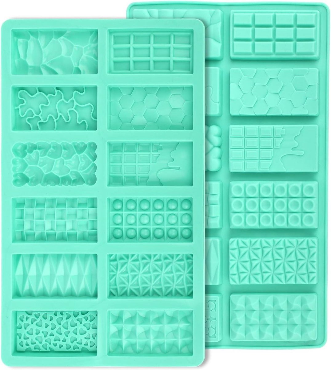 JHubers Goods - Siliconen Chocoladevormen met 12 Vormen voor Mini-Chocoladerepen - Diepe Holte - Antiaanbaklaag - Dubai Knafeh Pistache Baksnoep - Set van 2 Stuks.