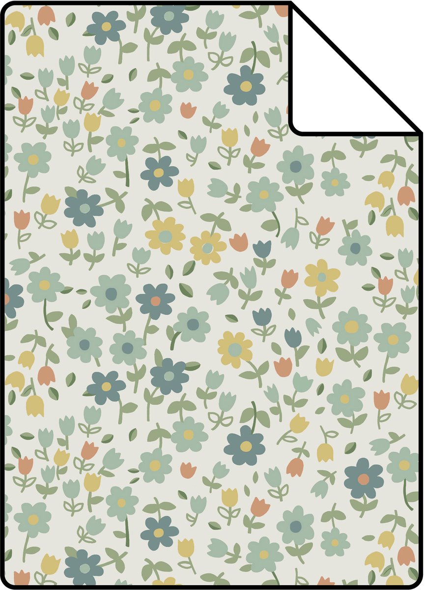 Proefstaal ESTAhome behang bloemetjes blauw, vergrijsd groen en okergeel - 26.5 x 21 cm - 139468-S