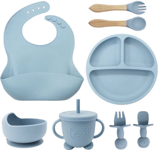 Set de Vaisselle pour enfants TTLUOKER® en Siliconen 8 pièces - Ensemble repas Bébé avec ventouse, gobelet avec paille et bavoir - Compatible lave-vaisselle et four - Sans BPA - Bleu clair