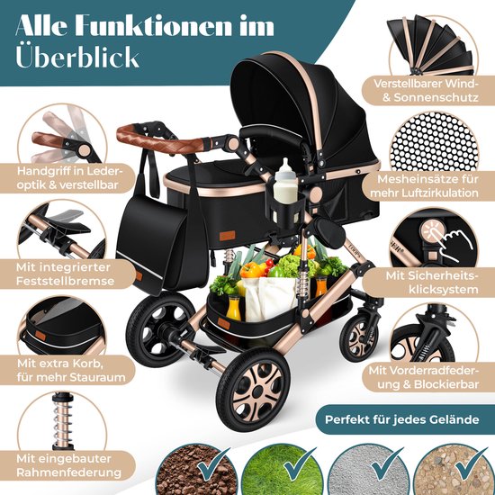 KESSER® Kinderwagen 3 in 1 Loops Wandelwagen Set incl. Autostoel & Reiswieg & Buggy Sportzitje - Massieve Rubberbanden - Luiertas / Regenhoes - Zwart / Champagne van KESSER® — afbeelding 5