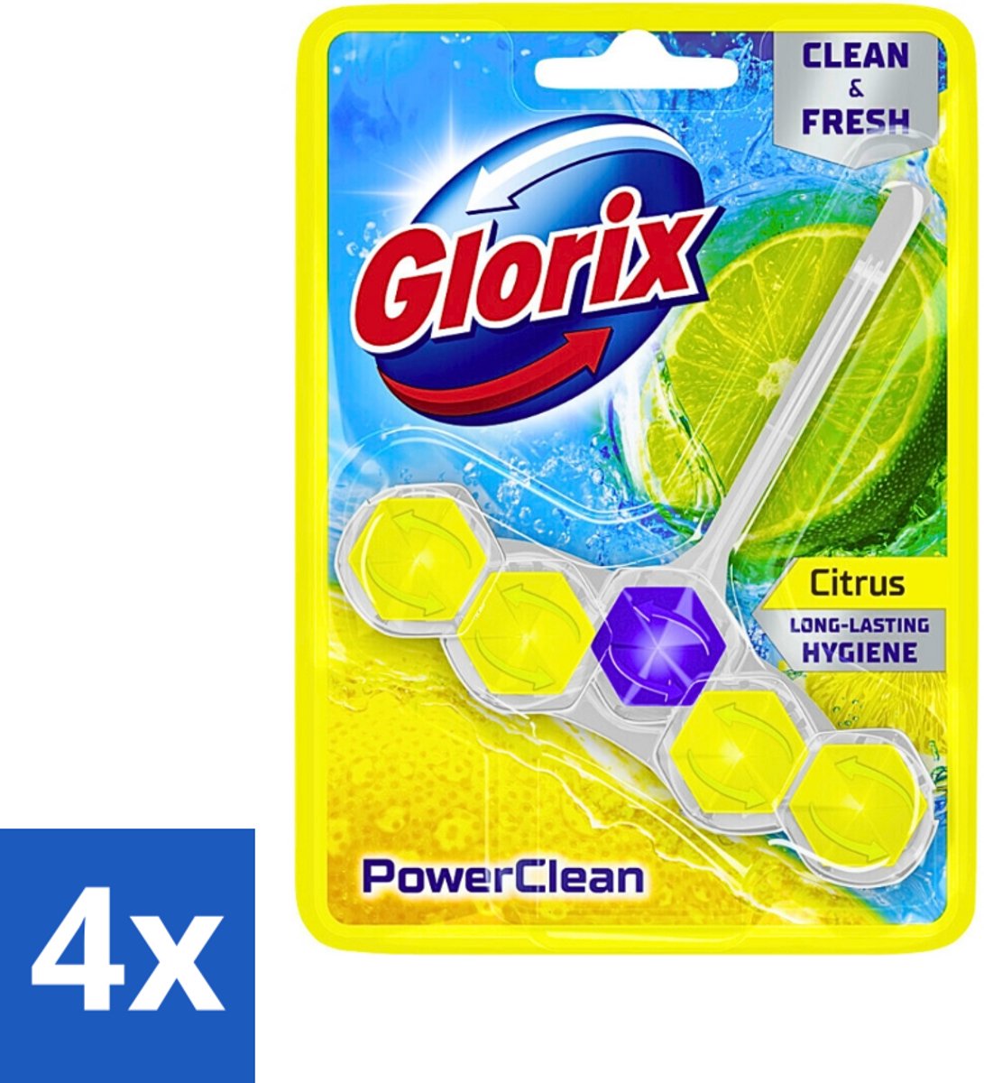 4 x Glorix - Toiletblok - Power Clean Citroen - Fris & Citroen - 1 blok - Toiletblok - Toilet Schoonmaken - Citrusgeur - Anti-kalk - Hygiënisch Toilet