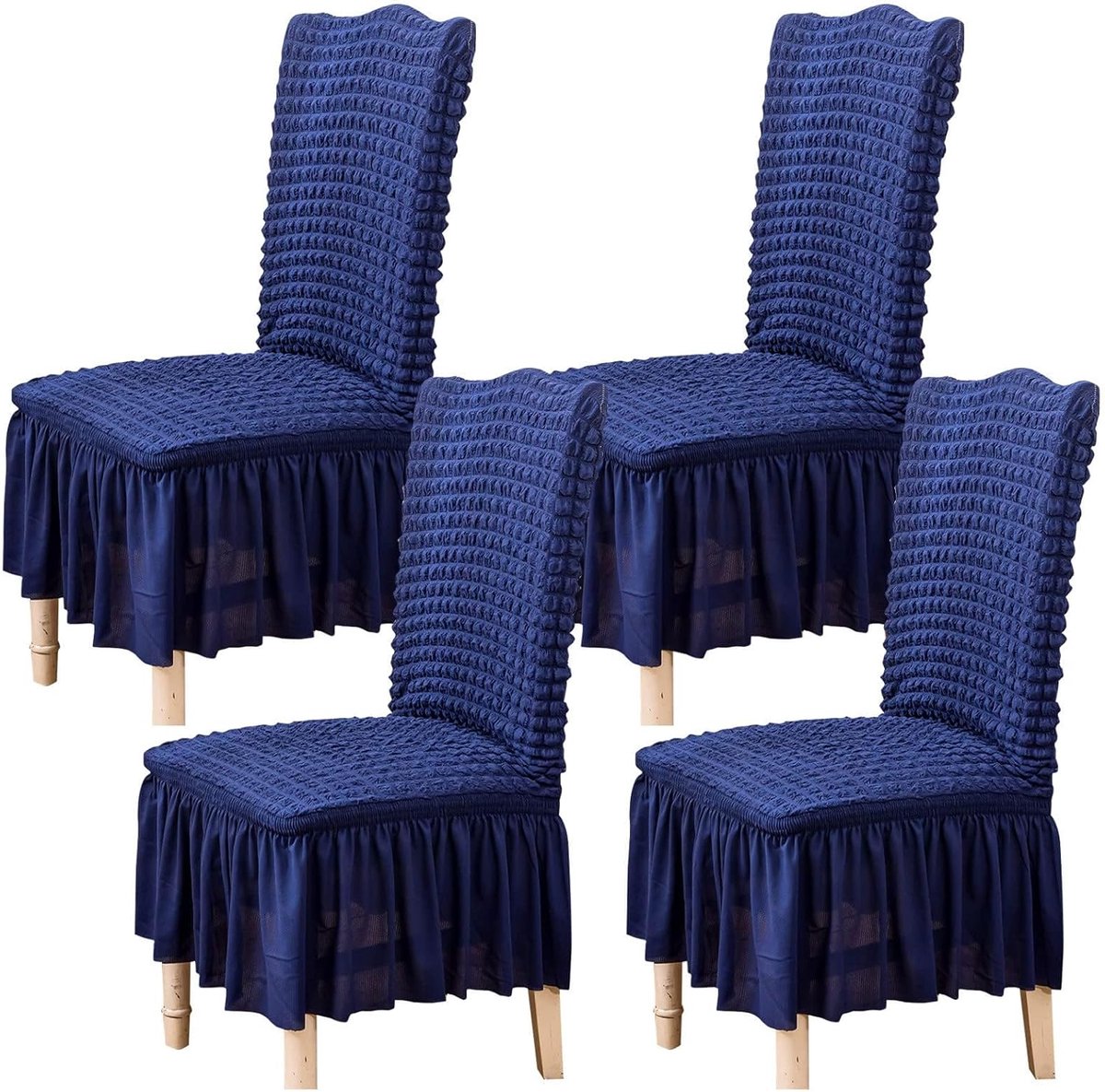 Stoelhoezen voor eetkamer, set van 4 stretch stoelhoezen met rok, afneembaar, wasbaar, keuken, stoelbeschermer, cover set voor thuis, feest, bruiloft (blauw, 4 stuks)