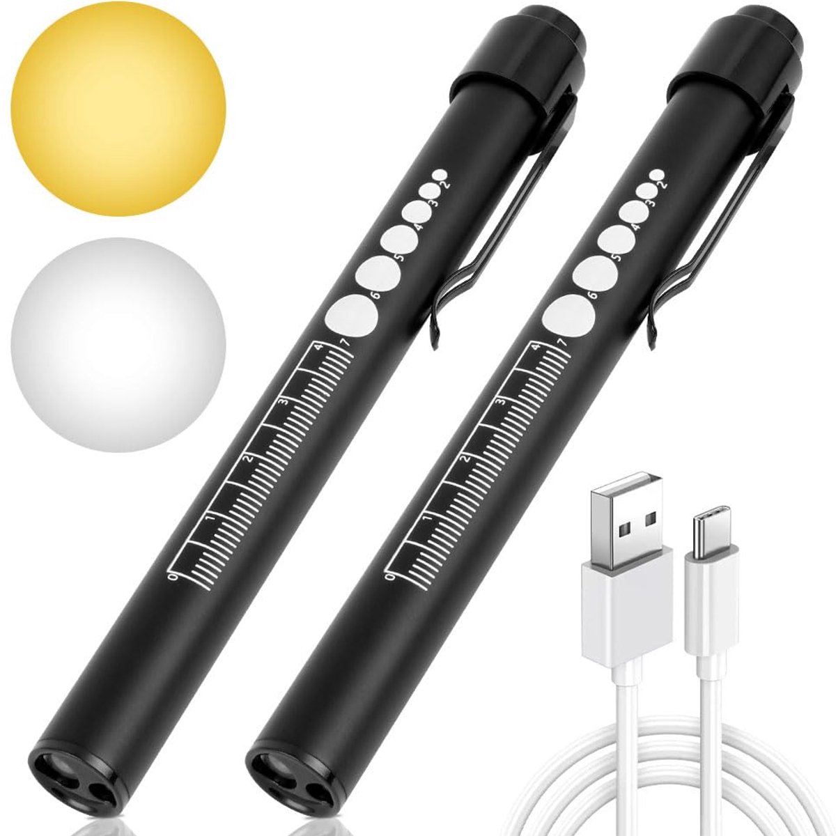 Oplaadbare Medische LED Penlamp – Mini Pupillicht met Wit & Warm Licht, Type-C, Met Liniaal en Pupilmeter, Voor Oog-, Oor- en Mondonderzoek, 2 Stuks