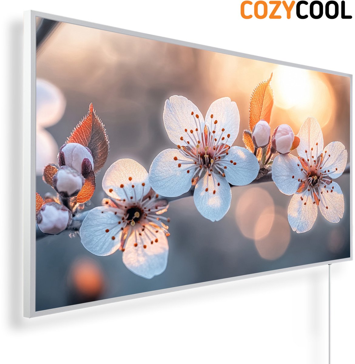 Infraroodpaneel met afbeelding | Kersenboomtak met witroze bloemen | 1200 Watt | Witte lijst | Infrarood verwarmingspaneel | Infrarood paneel | Infrarood verwarming