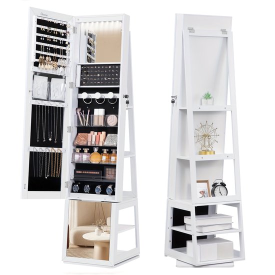 SONGMICS Sieradenkast met spiegel, lang, sieradenopslag met 6 ledlampen, om op te hangen aan de deur of aan de muur te bevestigen, grote capaciteit, 2 laden, wit JJC99WT