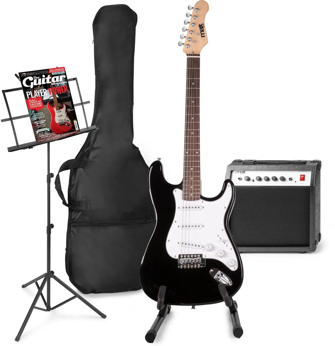 Elektrische gitaar met gitaar versterker - MAX Gigkit - Perfect voor beginners - incl. gitaar standaard muziekstandaard gitaar stemapparaat gitaartas en plectrum - Zwart