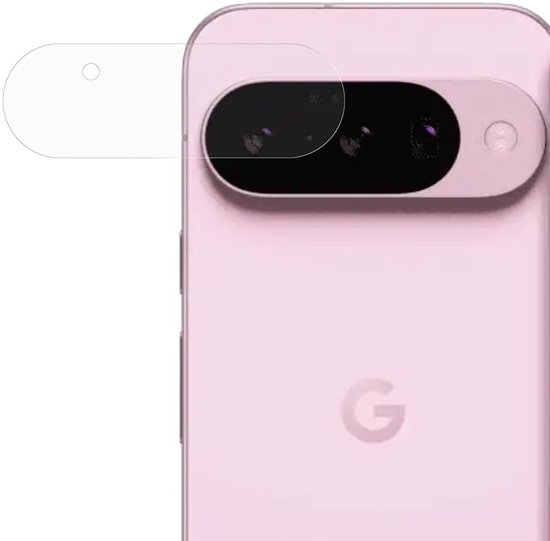 Transparante camera lens protector voor Google Pixel, op een roze telefoon.