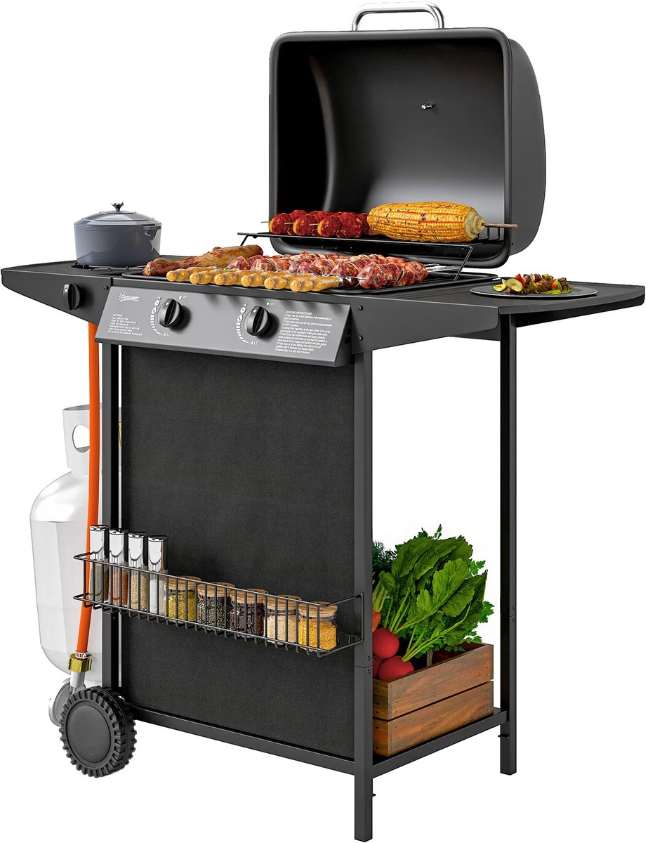 Gasgrill 7 KW Grillwagen Inkl 3 Branders Zijkoker Rol Drukreductor Deksel Gasslang 2 Verwarmingszones Thermometer Zijplanken, BBQ Tuinbarbecue Voor Balkon, Grill 107 X 54 X 96 Cm