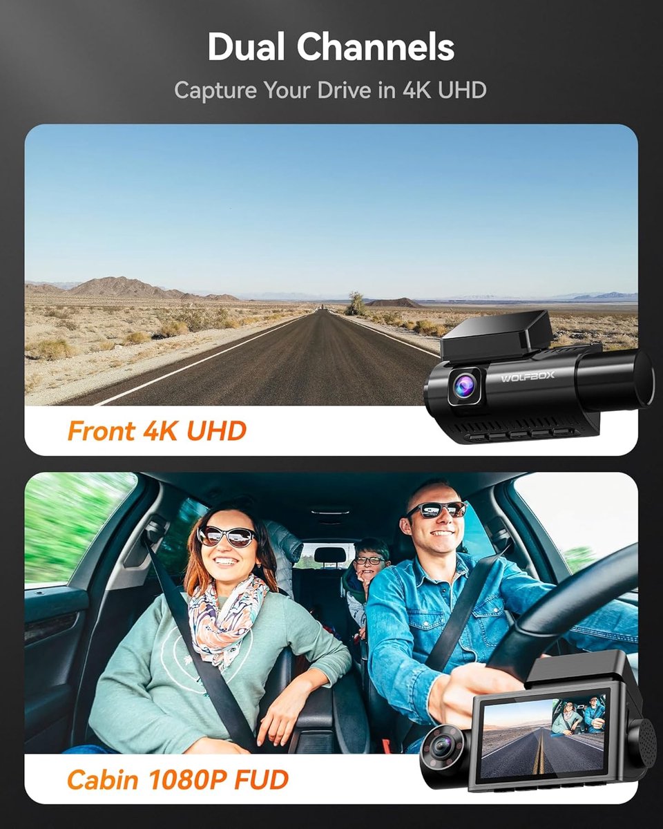 WOLFBOX i07 Dashcam, 3-kanaals Dashcam Camera met WiFi en GPS, 4K+1080P voor Voor & Interieur, 2.5K 1600P+1080P+1080P, 3" LCD met Super IR Nachtzicht, 24-uurs Parkeerbewaking, Max. 512 GB (Draadloos Voor & Achter) thumbnail 2