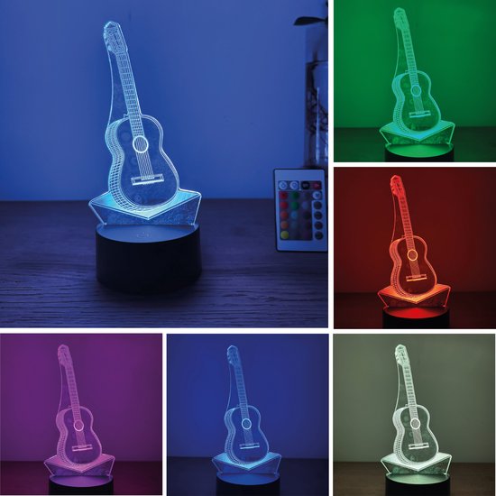 Klarigo® Nachtlamp – Gitaar - Akoestisch - Muziek - 3D LED Lamp Illusie – 16 Kleuren – Bureaulamp – Nachtlampje Kinderen – Creative lamp - Afstandsbediening