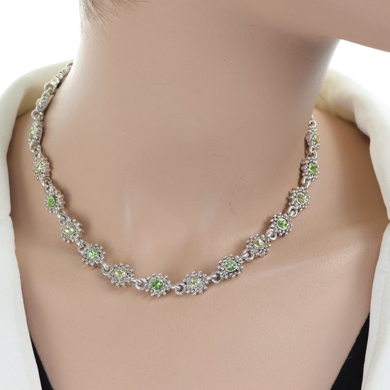 Behave Collier de fleurs argentées avec pierres vertes