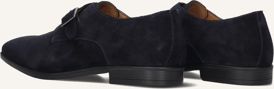 Achteraan de enkel, donkerblauwe suède single monk strap schoenen met zilveren gesp.
