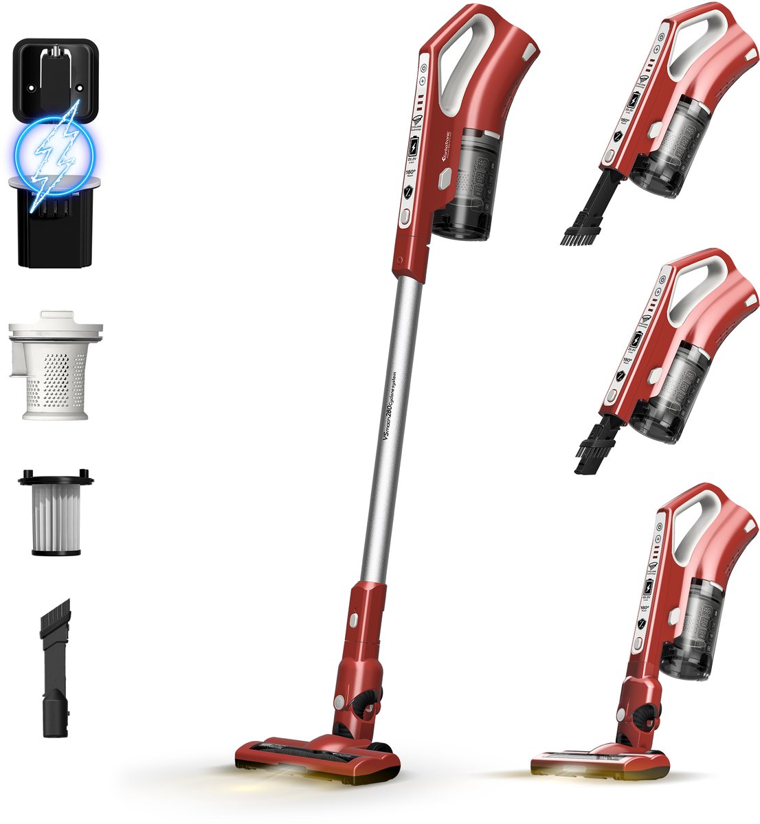 TurboTronic VS280 Draadloze Steelstofzuiger met Kruimeldief – Rood