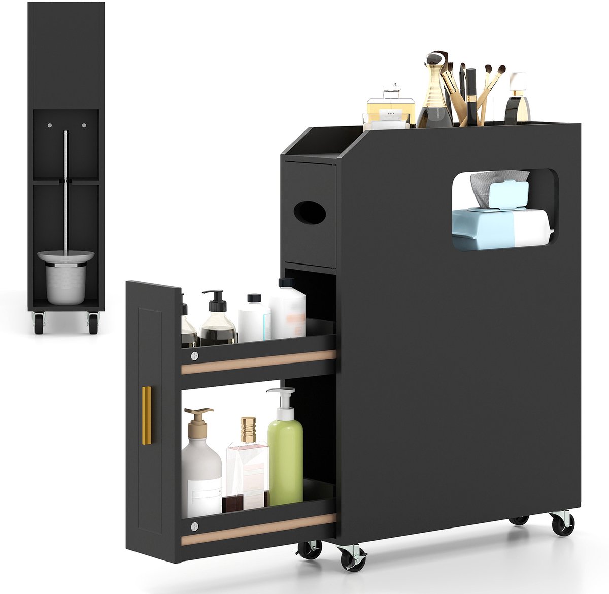 COSTWAY Nisenkast voor badkamer, met lade op wieltjes, kleine badkamerkast met tissuebox en borstelhouder, houten zijkast, multifunctionele kast voor kleine ruimtes (zwart)