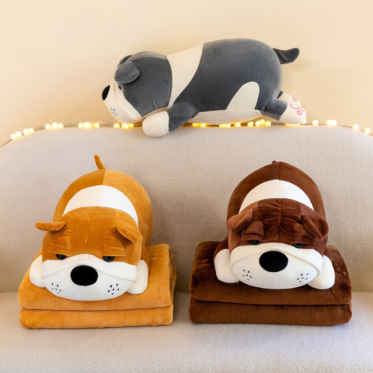 Bulldog Mops Knuffel met Dekentje 3-in-1 - Zacht Bruin