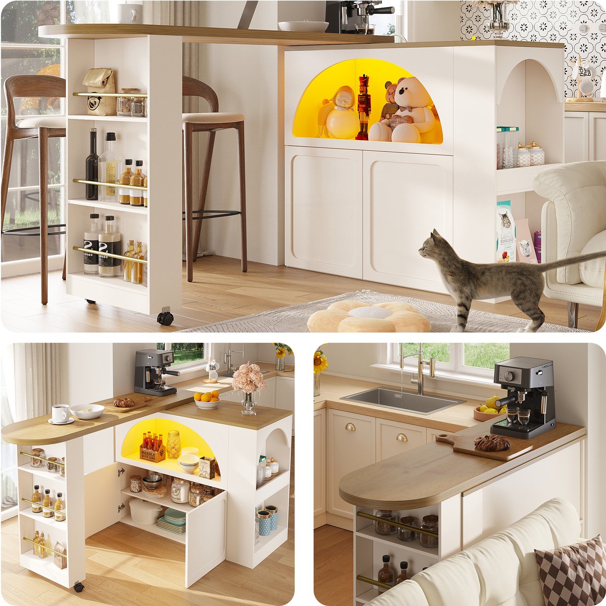 Merax Uitschuifbare Bartafel (135-205x39x100 cm) - Moderne Bar met LED & Gewelfde Deuren - Wit Telescoop Keuken Eiland