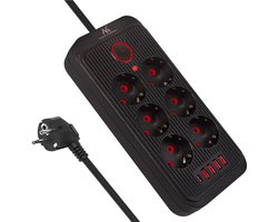 Maclean MCE391 B - Stekkerdoos - 6-polige verlengkabel + 4xUSB, 110-240V AC 50/60Hz, 2,1A max 2500W, 3m - Zwart
