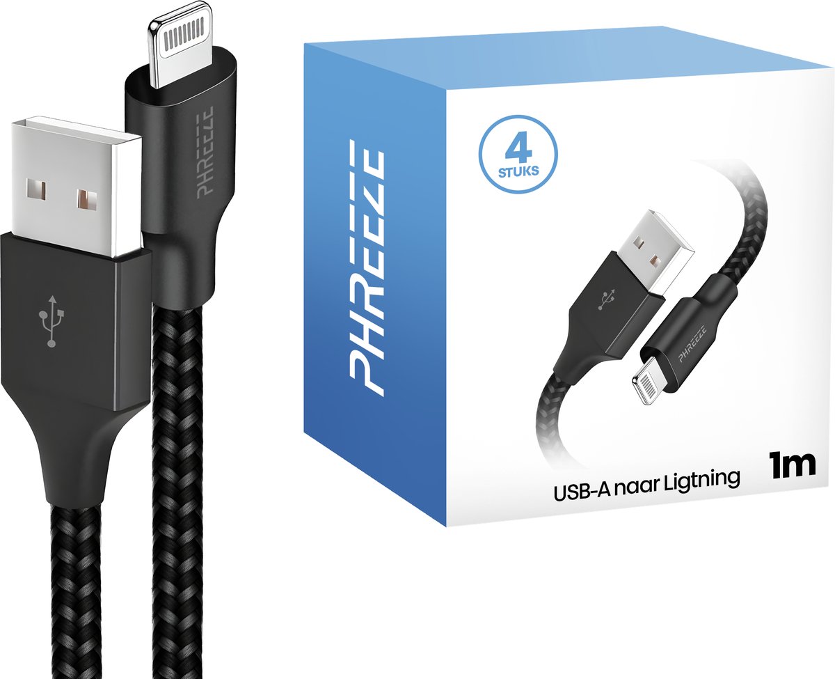 4x oplaadsnoer geschikt voor iPhone met Lightning naar usb - 1 meter & stevig - Oplaadkabel