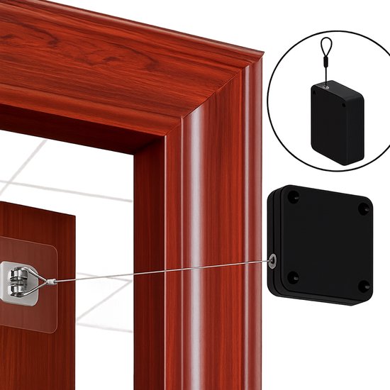 Zwarte automatische deursluiter met koord bevestigd aan een deurpost en een houten deur.