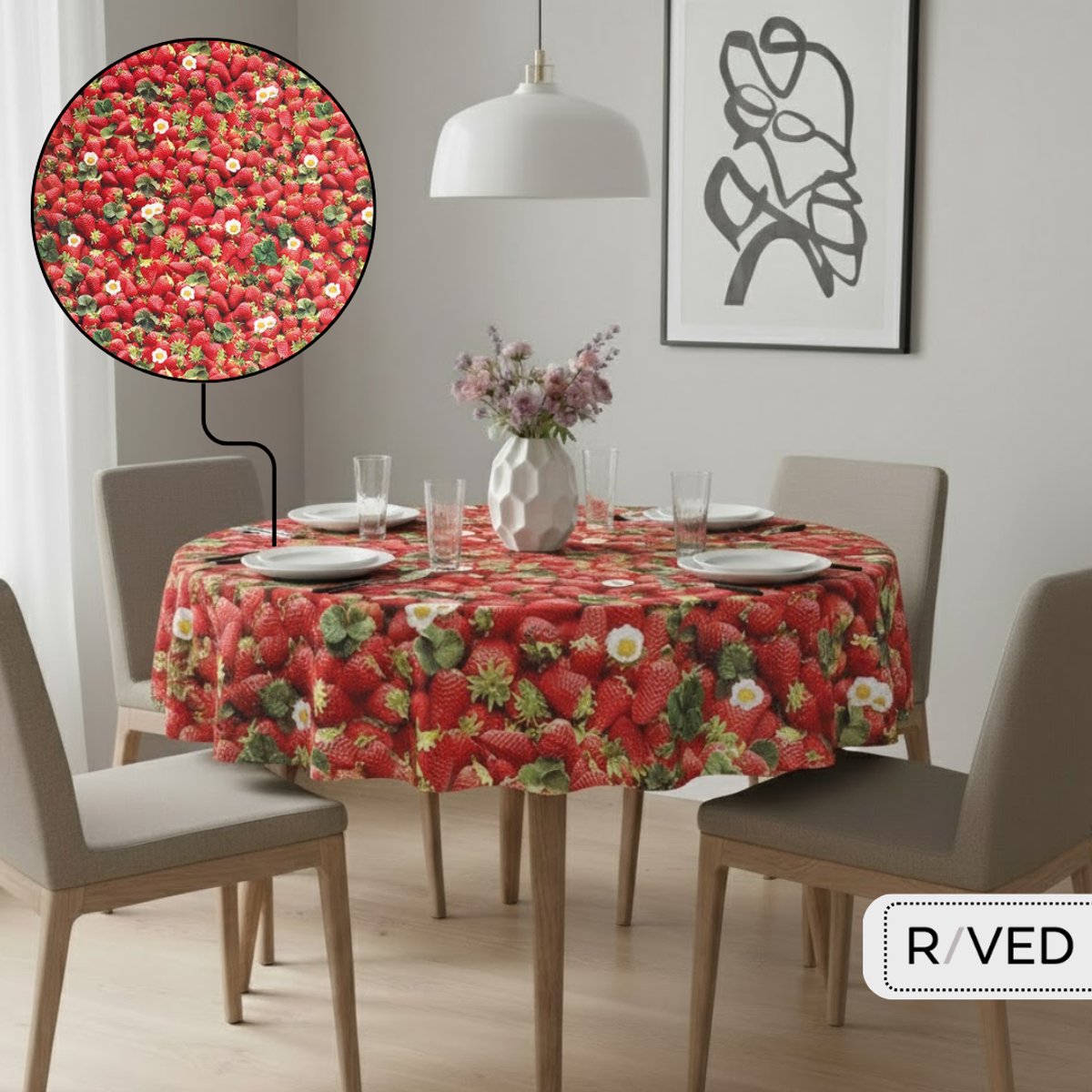 Raved Rond Tafelzeil - 160 cm ø - Aardbeien - PVC - Afwasbaar